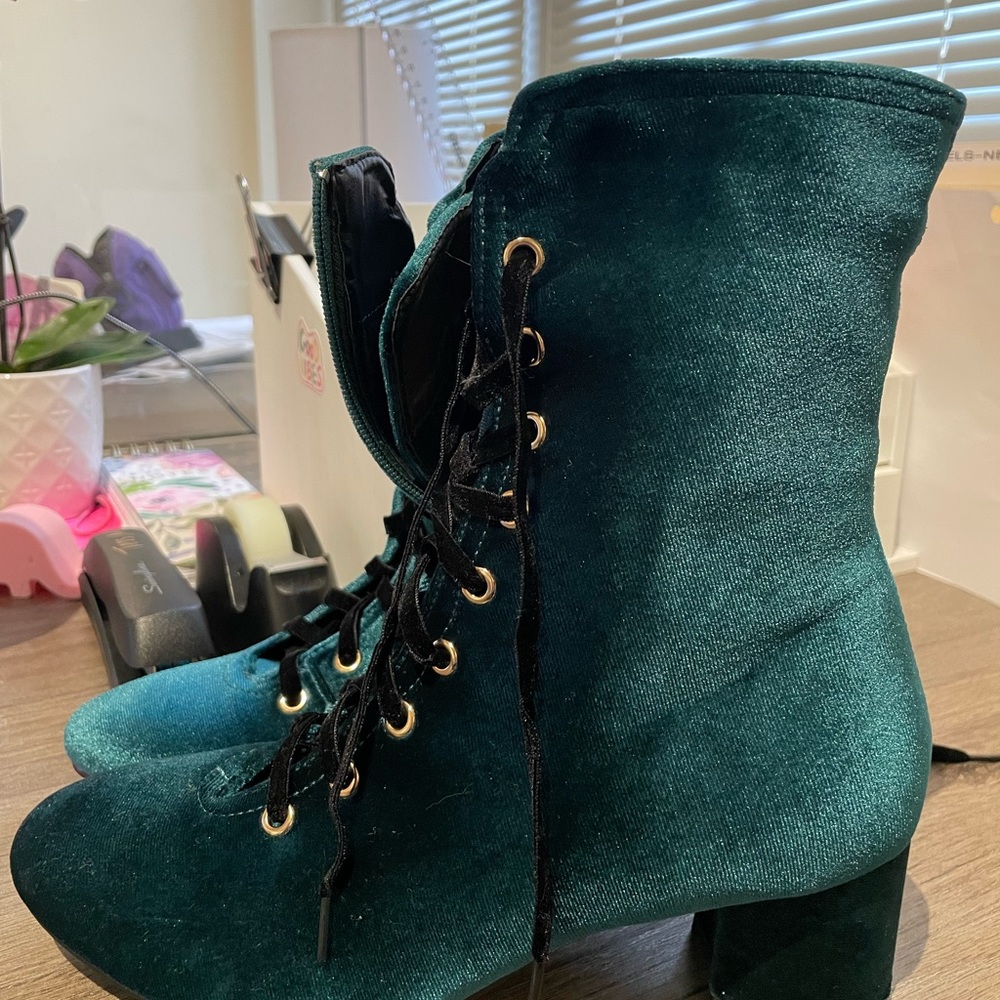 Teal velvet boots